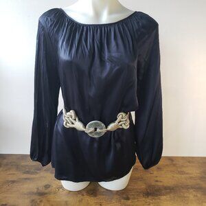 Super Silky 100% Silk Black Blue Elegant Shiny Blouse
